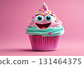 Playful cupcake with eyes and a wide smile, funny sweety food 131464375