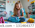 Girl eagerly opens new backpack at home, back to school 131464377