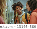 Diverse high school students engaging in conversation 131464380