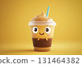 Cheerful iced coffee with big eyes and straw 131464382