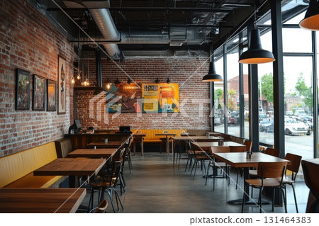 Cozy cafe with brick walls and industrial lamps 131464383