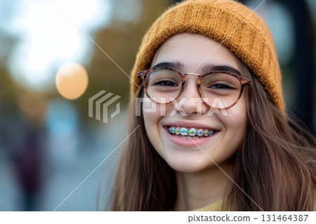 Smiling teen showing colorful braces during school break Smiling teen showing colorful braces during school break 131464387