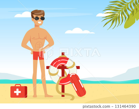 Young Man Lifeguard in Sunglasses and with First Aid Kit Supervising Safety Vector Illustration 131464390
