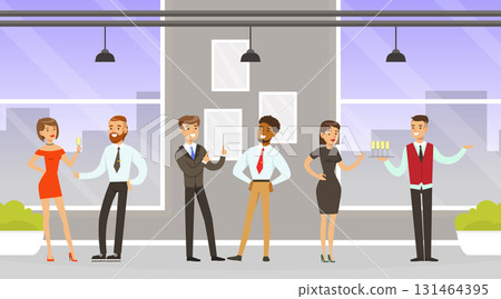 Man Waiter as Hotel Staff in Uniform Serving Visitors Distributing Drinks Vector Illustration 131464395