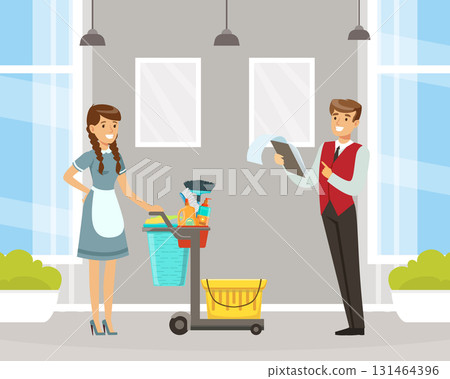 Woman Maid as Hotel Staff in Apron with Cart with Detergents and Administrator Vector Illustration Woman Maid as Hotel Staff in Apron with Cart with Detergents and Administrator Vector Illustration 131464396
