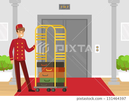 Man Porter or Doorman as Hotel Staff in Uniform Carrying Luggage Vector Illustration Man Porter or Doorman as Hotel Staff in Uniform Carrying Luggage Vector Illustration 131464397