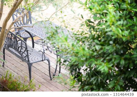 Wooden deck and iron chairs under the sunlight filtering through the trees 131464439