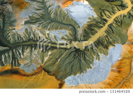 Ecological catastrophe nature pollution concept. Aerial view of abstract natural patterns. Acid mine drainage water background 131464589