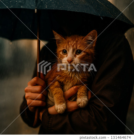 貓咪在雨中避雨 131464674