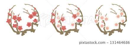 Plum blossom circular frame set, red and white, Japanese pattern, New Year's card material 131464686