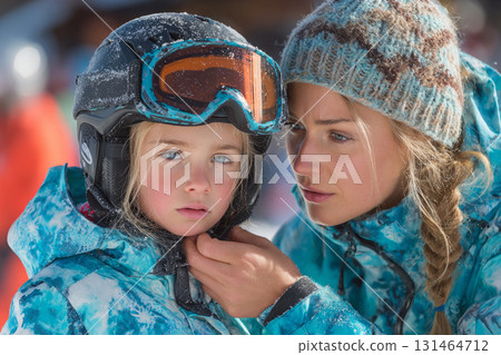 Mother adjusting ski helmet for daughter outdoors in snowy winter setting 131464712