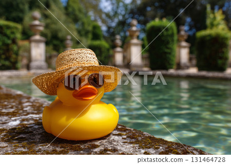 Yellow rubber duck wearing sunglasses and straw hat floating in outdoor fountain 131464728