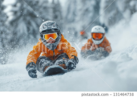 Two children wearing helmets and goggles sledding down snowy hill at high speed 131464738