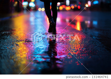 Legs walking on rainy street with neon reflections on wet asphalt at night. Concept of urban lifestyle 131464741
