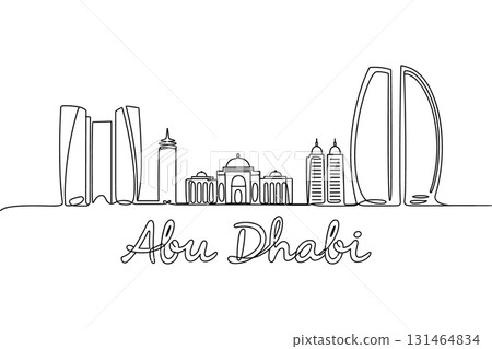 Abu Dhabi City Skyline Single Line Drawing Vector. Travel to UAE Famous Landmark Vector Illustration. 131464834