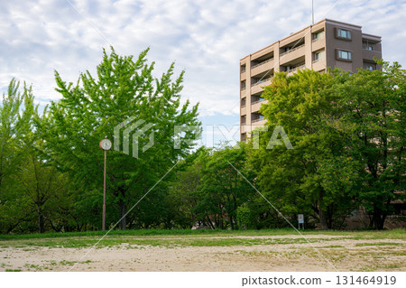 公園的風景,有鐘樓和高層公寓大樓 公園的風景,有鐘樓和高層公寓大樓 131464919
