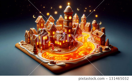A gingerbread city with glowing caramel rivers A gingerbread city with glowing caramel rivers 131465032