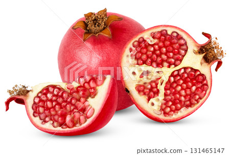 Pomegranate fruit, piece of pomegranate full of seeds isolated on a white background with clipping path. 131465147