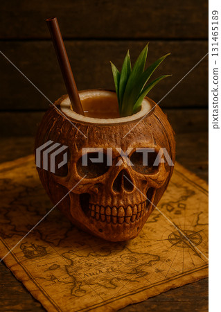 Tropical drink in a skull coconut cup Tropical drink in a skull coconut cup 131465189