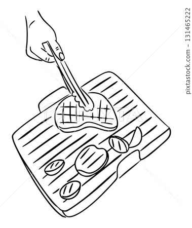 Hand drawn illustration of a grill with vegetables and meat being cooked using tongs 131465222
