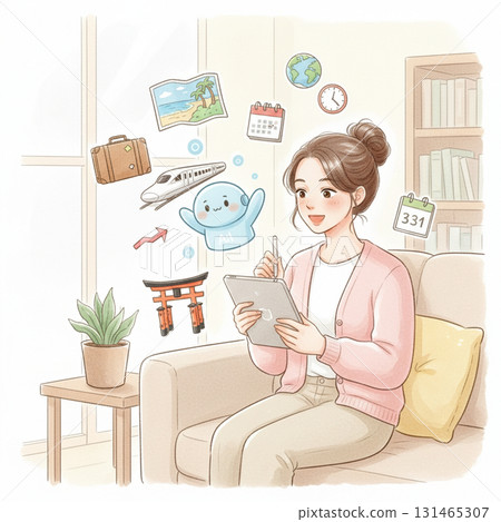A woman plans her trip using AI and a tablet | Smart travel preparation with a gentle touch A woman plans her trip using AI and a tablet | Smart travel preparation with a gentle touch 131465307