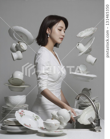 Woman is washing dishes in a sink full of white plates Woman is washing dishes in a sink full of white plates 131465350