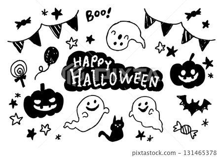 單色萬聖節插圖集：手繪南瓜、鬼、黑貓、蝙蝠、糖果 131465378