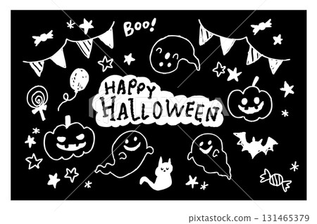Halloween illustration set with white lines on a black background. Hand-drawn ghost, pumpkin, black cat, bat, candy. 131465379