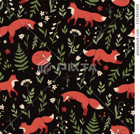 Seamless forest pattern with foxes and flowers. Vector graphics. 131465409