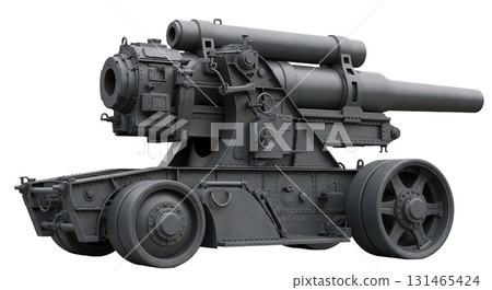 This German Big Bertha Howitzer is an iconic artillery piece from World War I, known for its large size and impact. It is isolated on a transparent background to highlight its detailed construction. 131465424