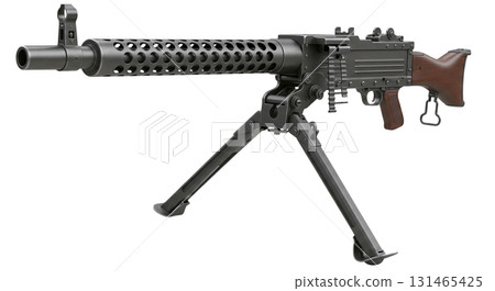 This detailed depiction features a US Browning caliber machine gun from World War II, mounted and isolated against a transparent background, showcasing its design and historical significance. 131465425