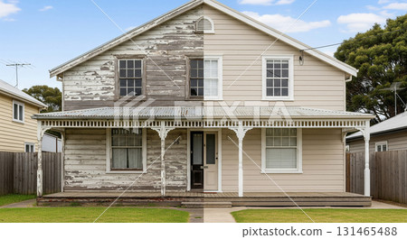 Left side shows a weathered cottage with peeling paint and old wood, while the right side displays a fresh, clean coat of paint, revitalizing the homes appearance. 131465488