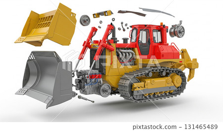 A large bulldozer is shown in an exploded view, with various parts like the engine, tracks, and blades suspended. This visual highlights the intricate assembly and machinery involved. 131465489