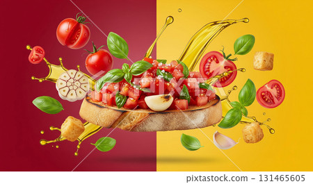 Bruschetta highlights fresh tomatoes and basil, soaring through the air in an artful presentation. 131465605