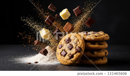 Chocolate chip cookies are beautifully arranged with scattered ingredients in the air, showcasing a fun and creative culinary display. The dark background enhances the delicious treats. 131465606