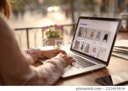 A young woman with a laptop is shopping online at home, sitting at a table. The woman's hands are on the keyboard. 131465634