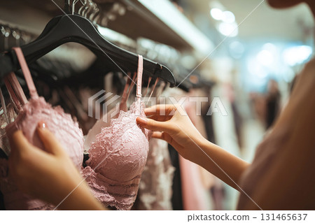 A young woman's hands touch a pink bra on a hanger in a lingerie store. A female consultant at a lingerie store. A girl is choosing underwear. 131465637