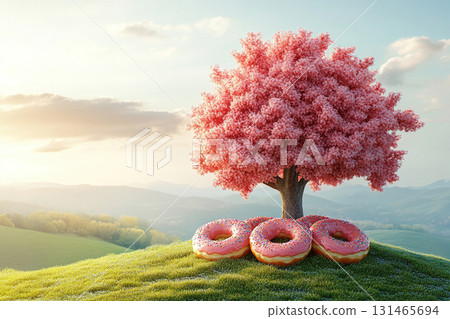 A magical world with a donut tree. A pink donut tree on a green hill. A magical world with a donut tree. A pink donut tree on a green hill. 131465694