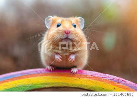 A small red hamster stands on its hind legs on a colored board. Pets A small red hamster stands on its hind legs on a colored board. Pets 131465695