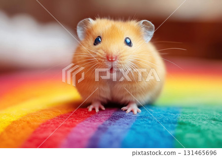 A small red hamster sits on a rainbow carpet. Pets A small red hamster sits on a rainbow carpet. Pets 131465696