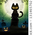 Halloween background with black cat, cemetery and pumpkins 131465702