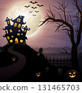 Halloween night background with haunted house, moon and bats 131465703