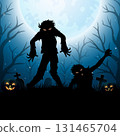 Halloween background with scary zombie and full moon 131465704