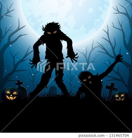 Halloween background with scary zombie and full moon Halloween background with scary zombie and full moon 131465704