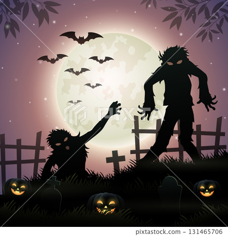 Halloween background with zombie and full moon in the night Halloween background with zombie and full moon in the night 131465706