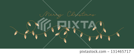 Thin line retro style string festive decorative Merry Christmas sign light garland. Retro minimalist vector bright bulbs border for banner, card. Thin line retro style string festive decorative Merry Christmas sign light garland. Retro minimalist vector bright bulbs border for banner, card. 131465717