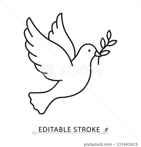 A dove of peace icon in a minimalist line style with editable stroke. Flying bird with olive branch, freedom symbol, hope and love sign, spiritual faith concept, wedding animal. 131465823