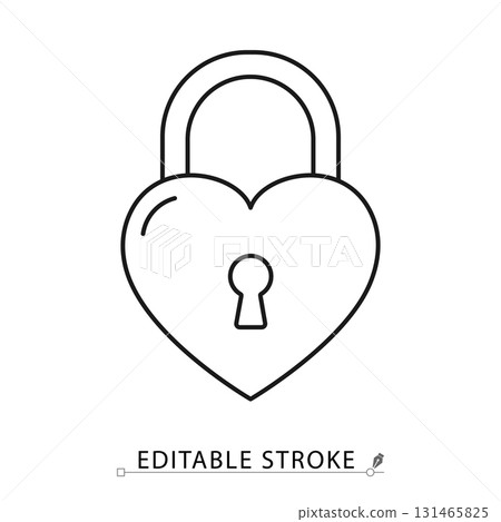A heart shaped padlock icon in a minimalist line style with editable stroke. Love symbol, romance security, valentine day gift, wedding commitment sign, forever relationship secret. 131465825