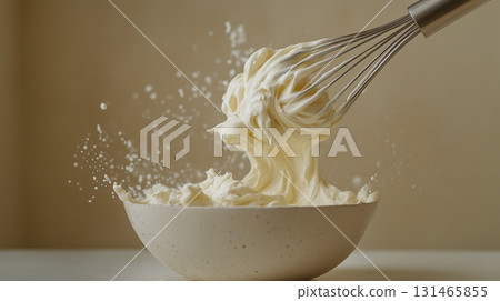 Whipping Cream Process. Airy Peaks in Ceramic Bowl (Close-Up) 131465855