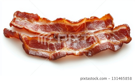 Crispy bacon strips cooked to perfection on a white surface 131465858